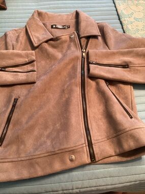 Allegra K Suede-Look Moto Jacket in Soft Grey